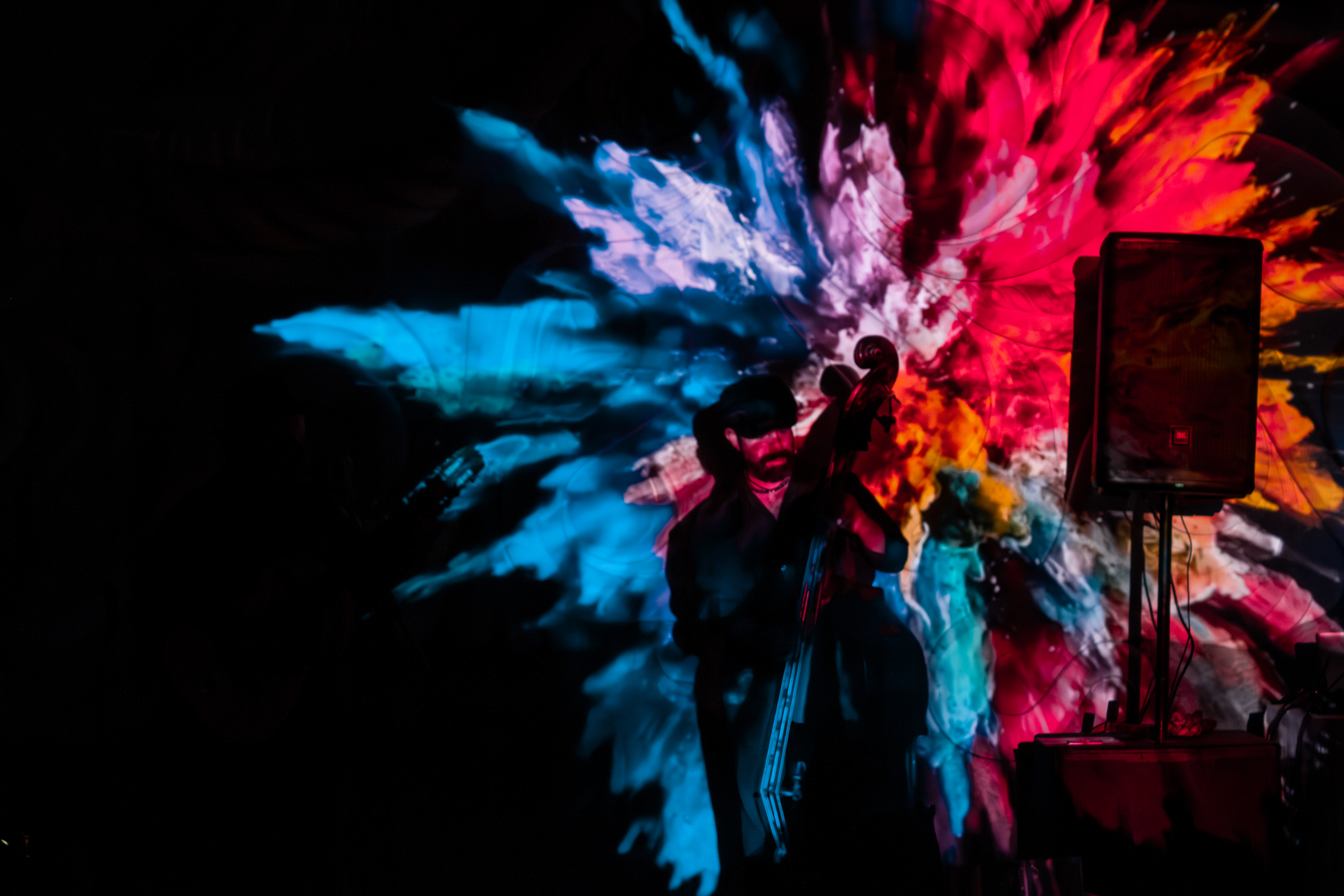 Chelista en evento inmersivo con luces de colores