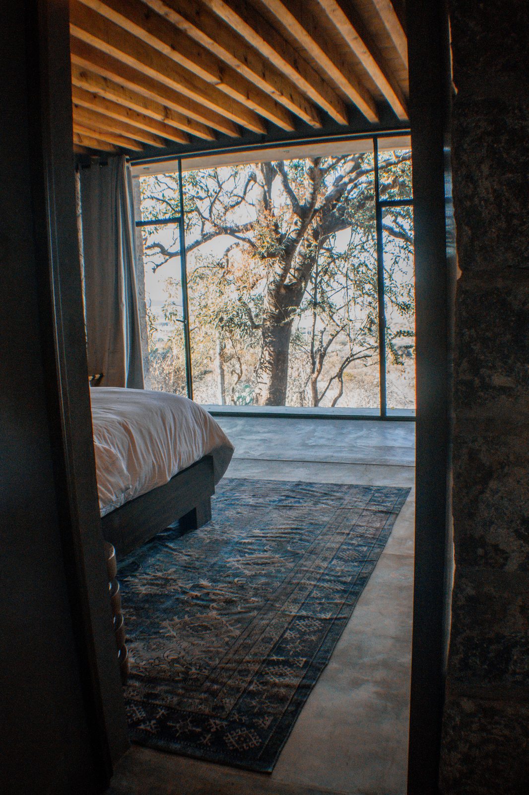 Habitación con ventanal panorámico al bosque en Casa X